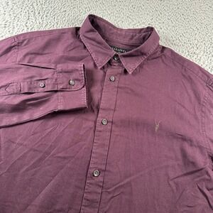 AllSaints Redondo Shirt Mens XL Burgundy Long Sleeve Button Up Rams Skull